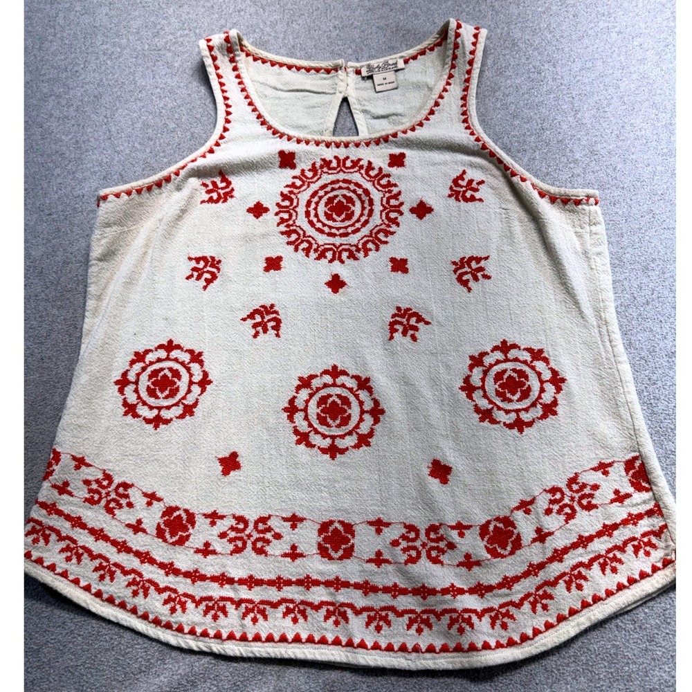 Lucky Brand Womens M Cream Red Embroidered Boho Sleeveless Tank Top Tunic Boho